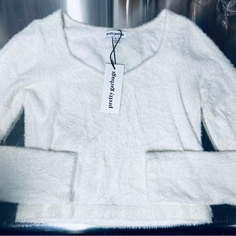 Pretty Garbage Women's White Fuzzy Long Sleeve Top